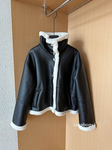 Lagabogy 2024 Winter New Faux Fur Fleece Short Coats Women Simple Stand Collar Lamb Wool Coat Office Lady Solid Color PU Jacket - MODISH X