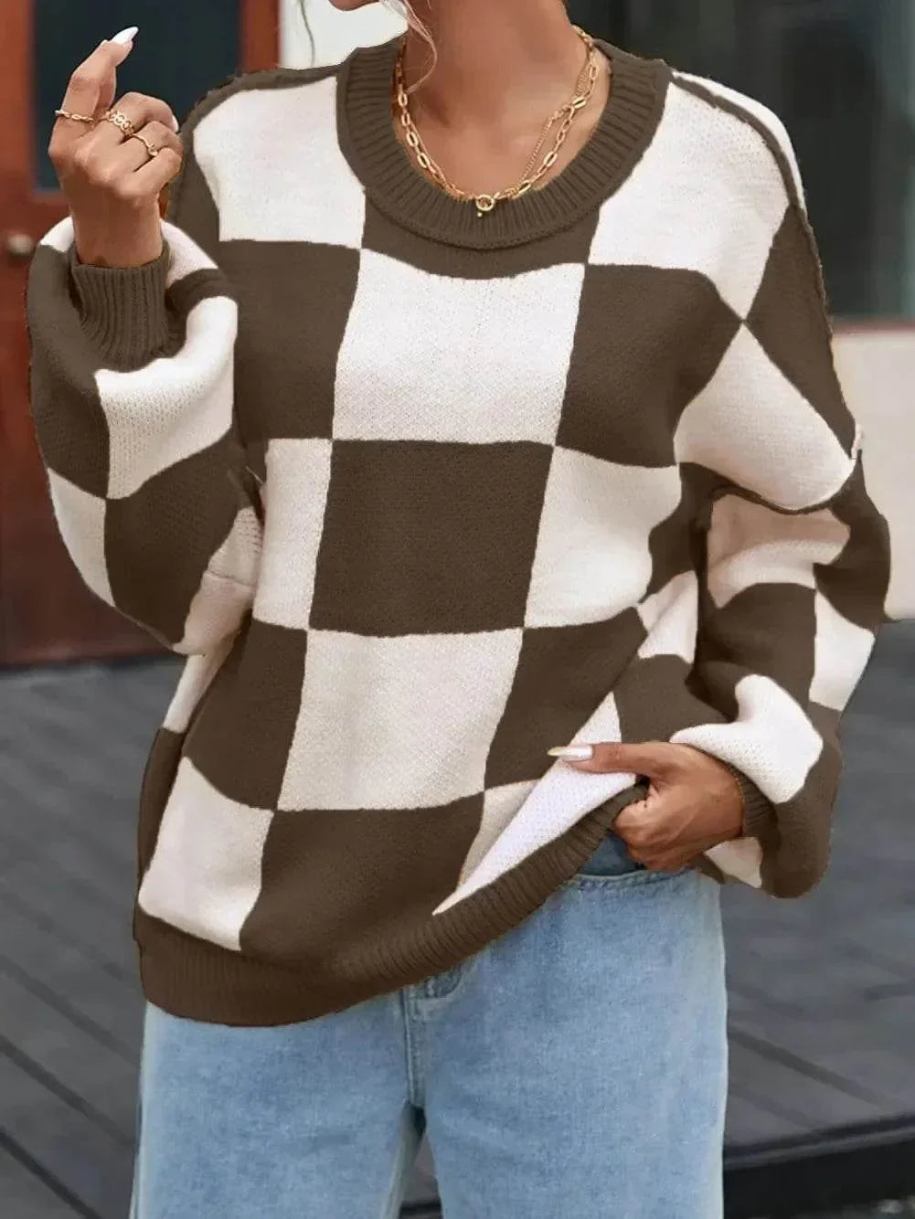 Women’s Loose Casual Color Block Crew Neck Sweater – Cozy & Stylish - MODISH X