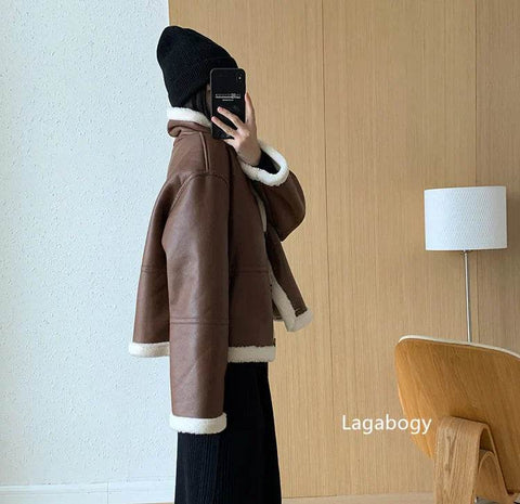 Lagabogy 2024 Winter New Faux Fur Fleece Short Coats Women Simple Stand Collar Lamb Wool Coat Office Lady Solid Color PU Jacket - MODISH X