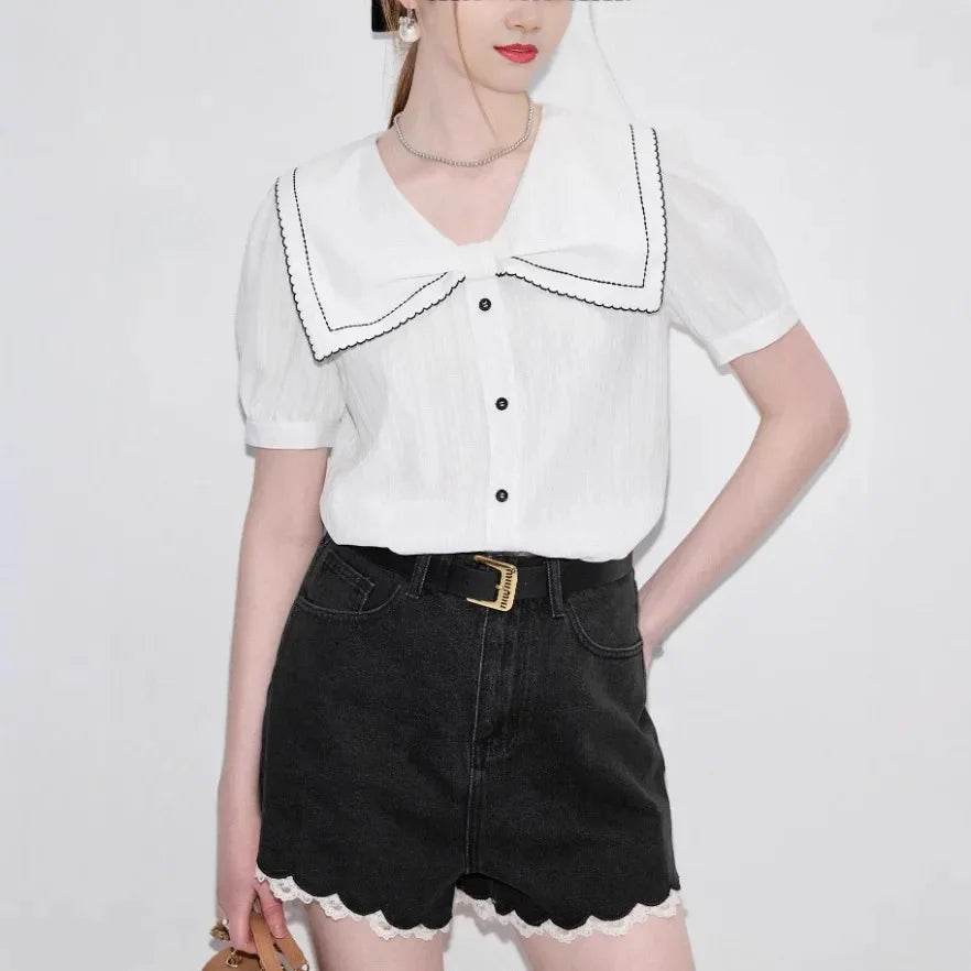 Women’s White Bubble Sleeve Shirt with Butterfly Knot – Chic Style - MODISH X