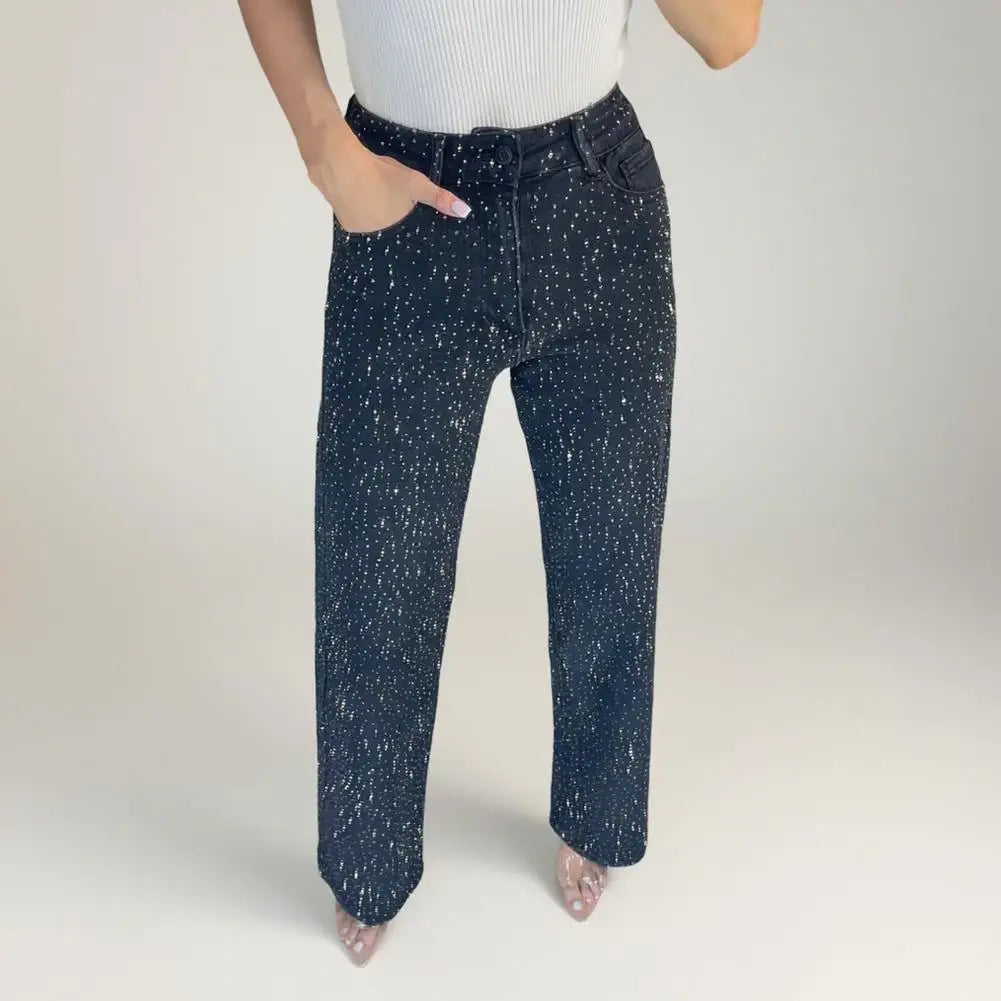Women’s Full Rhinestone Denim Pants – Glamorous High Waist Street Style