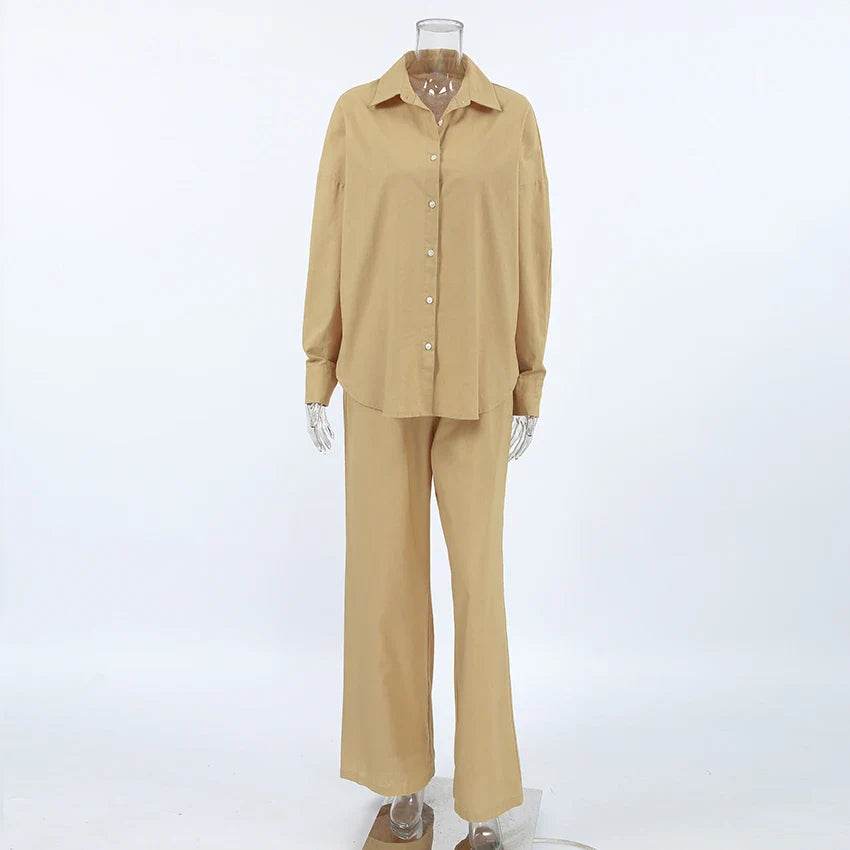 Women’s Khaki Linen 2-Piece Set – Stylish Summer Shirt & Pants Combo - MODISH X