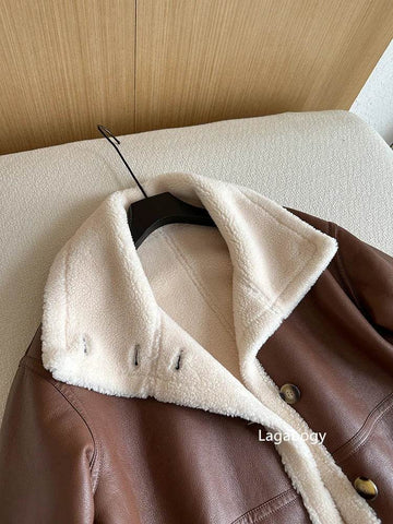 Lagabogy 2024 Winter New Faux Fur Fleece Short Coats Women Simple Stand Collar Lamb Wool Coat Office Lady Solid Color PU Jacket - MODISH X