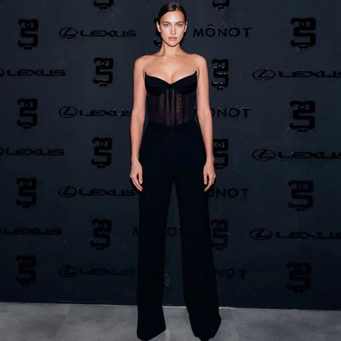 MSMUSI 2024 New Fashion Women Sexy Black Strapless Lace Mesh Sleeveless Backless Bodycon Party Slim Bodysuit Celebrate Vestidos - MODISH X