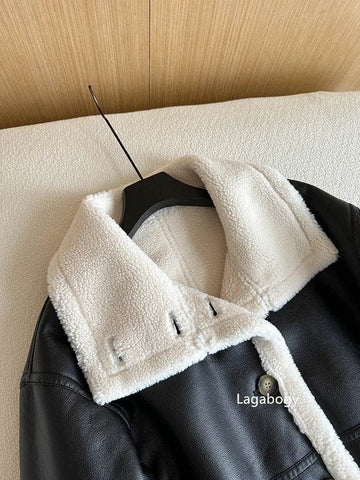 Lagabogy 2024 Winter New Faux Fur Fleece Short Coats Women Simple Stand Collar Lamb Wool Coat Office Lady Solid Color PU Jacket - MODISH X