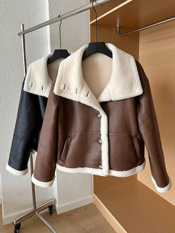 Lagabogy 2024 Winter New Faux Fur Fleece Short Coats Women Simple Stand Collar Lamb Wool Coat Office Lady Solid Color PU Jacket - MODISH X