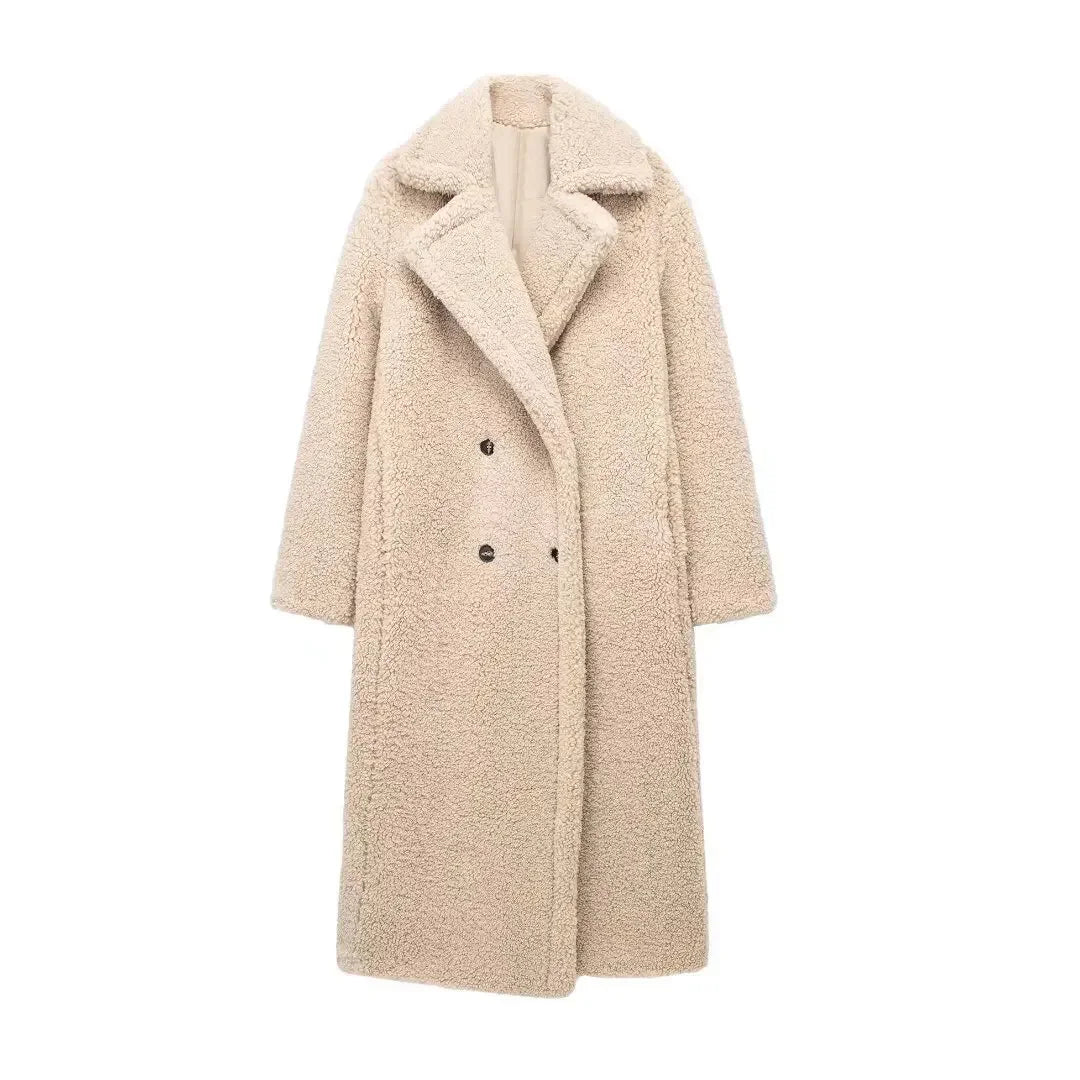Women’s Double-Breasted Lamb Velvet Coat – Sophisticated & Elegant