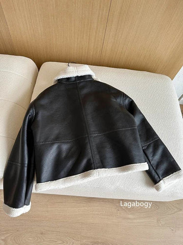 Lagabogy 2024 Winter New Faux Fur Fleece Short Coats Women Simple Stand Collar Lamb Wool Coat Office Lady Solid Color PU Jacket - MODISH X