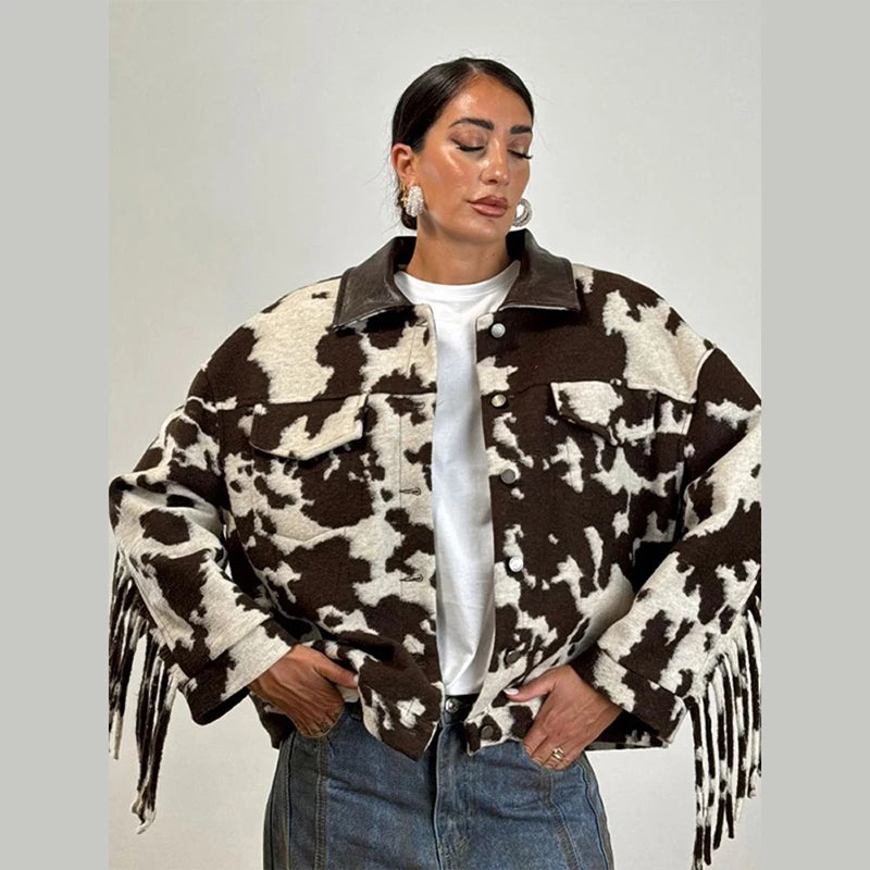 Women’s Chic Tassel Print Winter Coat – Warm, Stylish & Unique