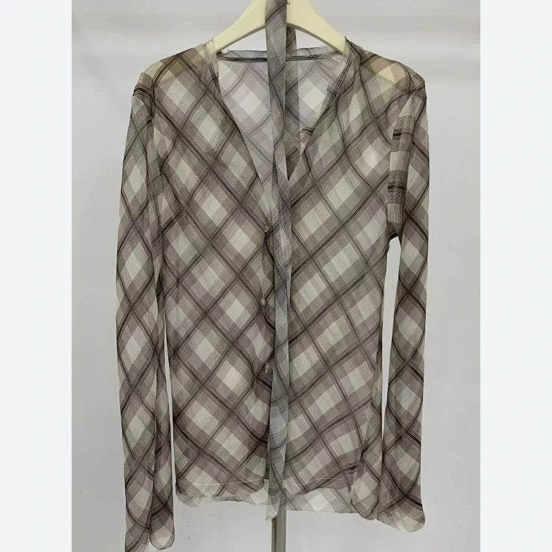 Women’s Check Print Brown Mesh Shirt – Vintage 90s Style Statement - MODISH X