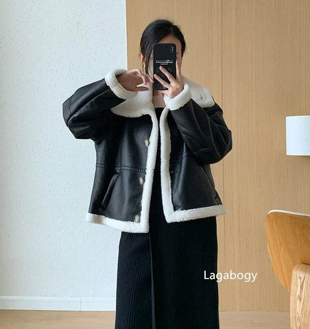 Lagabogy 2024 Winter New Faux Fur Fleece Short Coats Women Simple Stand Collar Lamb Wool Coat Office Lady Solid Color PU Jacket - MODISH X