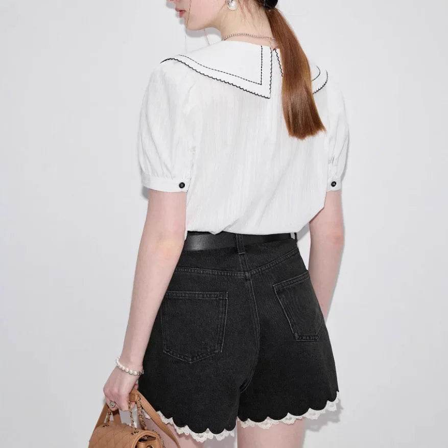 Women’s White Bubble Sleeve Shirt with Butterfly Knot – Chic Style - MODISH X