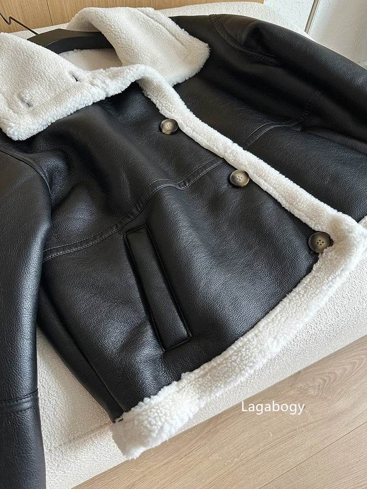 Lagabogy 2024 Winter New Faux Fur Fleece Short Coats Women Simple Stand Collar Lamb Wool Coat Office Lady Solid Color PU Jacket - MODISH X