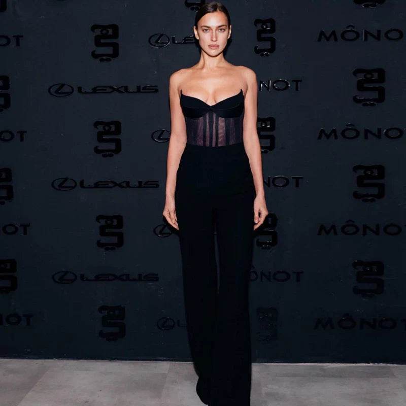 MSMUSI 2024 New Fashion Women Sexy Black Strapless Lace Mesh Sleeveless Backless Bodycon Party Slim Bodysuit Celebrate Vestidos - MODISH X