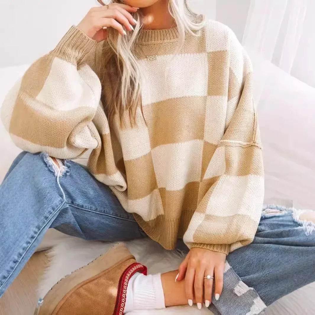 Women’s Loose Casual Color Block Crew Neck Sweater – Cozy & Stylish - MODISH X
