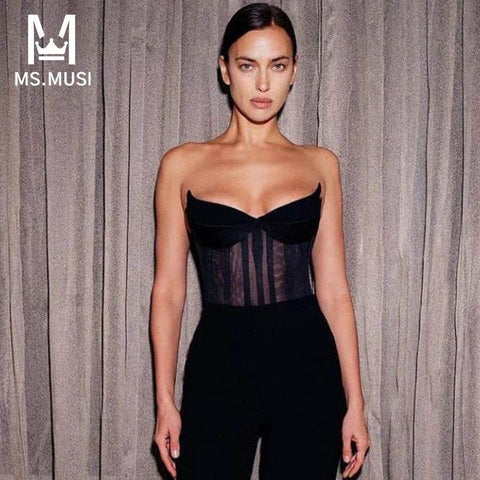 MSMUSI 2024 New Fashion Women Sexy Black Strapless Lace Mesh Sleeveless Backless Bodycon Party Slim Bodysuit Celebrate Vestidos - MODISH X
