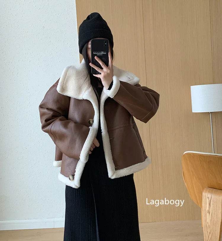 Lagabogy 2024 Winter New Faux Fur Fleece Short Coats Women Simple Stand Collar Lamb Wool Coat Office Lady Solid Color PU Jacket - MODISH X