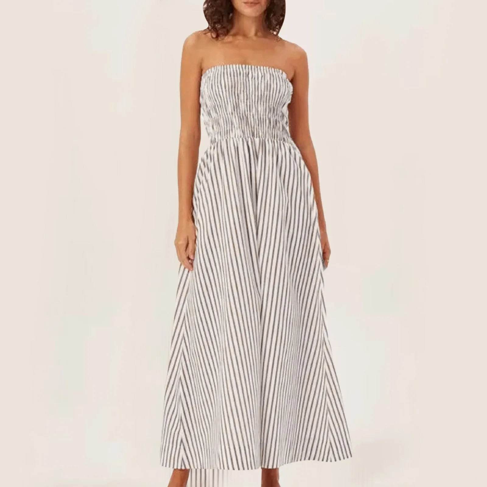 Women’s Striped Maxi Wrap Dress – Sleeveless Smocked Summer Fit - MODISH X