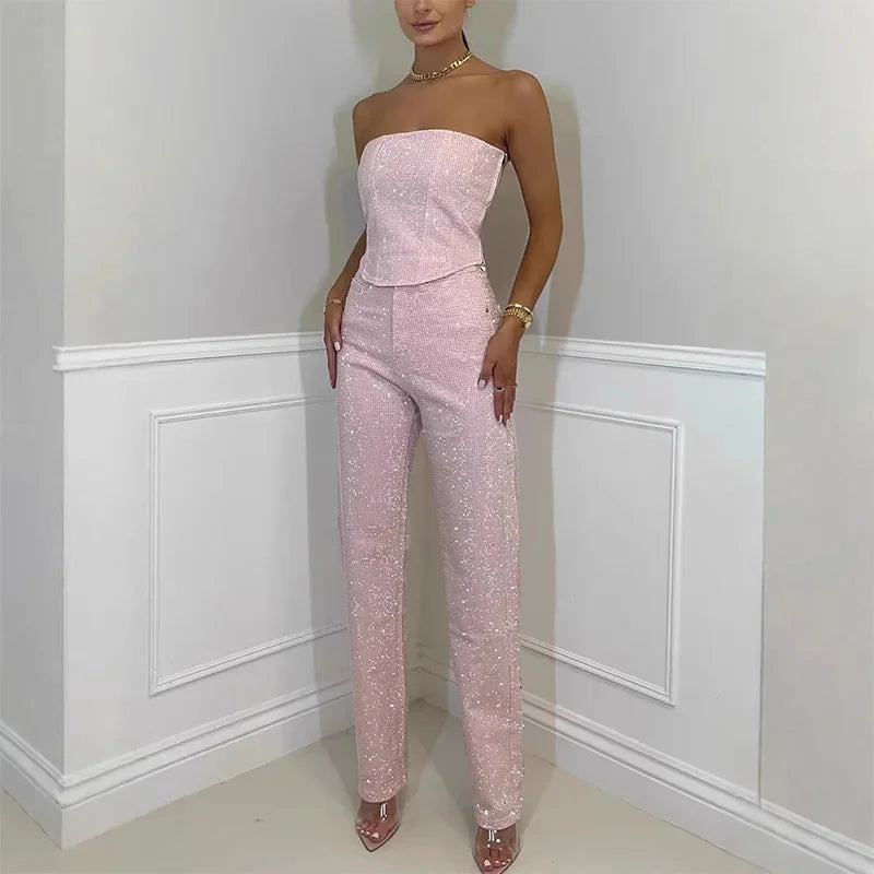 Women’s Shiny Sequined Vest Pants Set 2025 – Sexy Strapless UK Streetwear