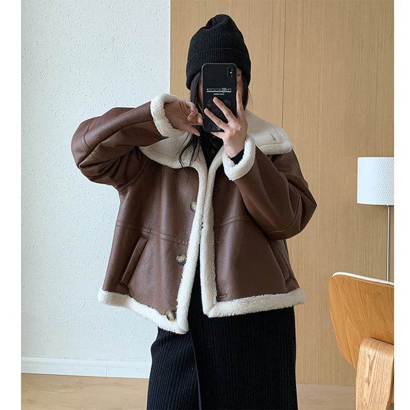 Lagabogy 2024 Winter New Faux Fur Fleece Short Coats Women Simple Stand Collar Lamb Wool Coat Office Lady Solid Color PU Jacket - MODISH X