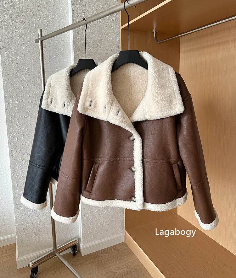 Lagabogy 2024 Winter New Faux Fur Fleece Short Coats Women Simple Stand Collar Lamb Wool Coat Office Lady Solid Color PU Jacket - MODISH X