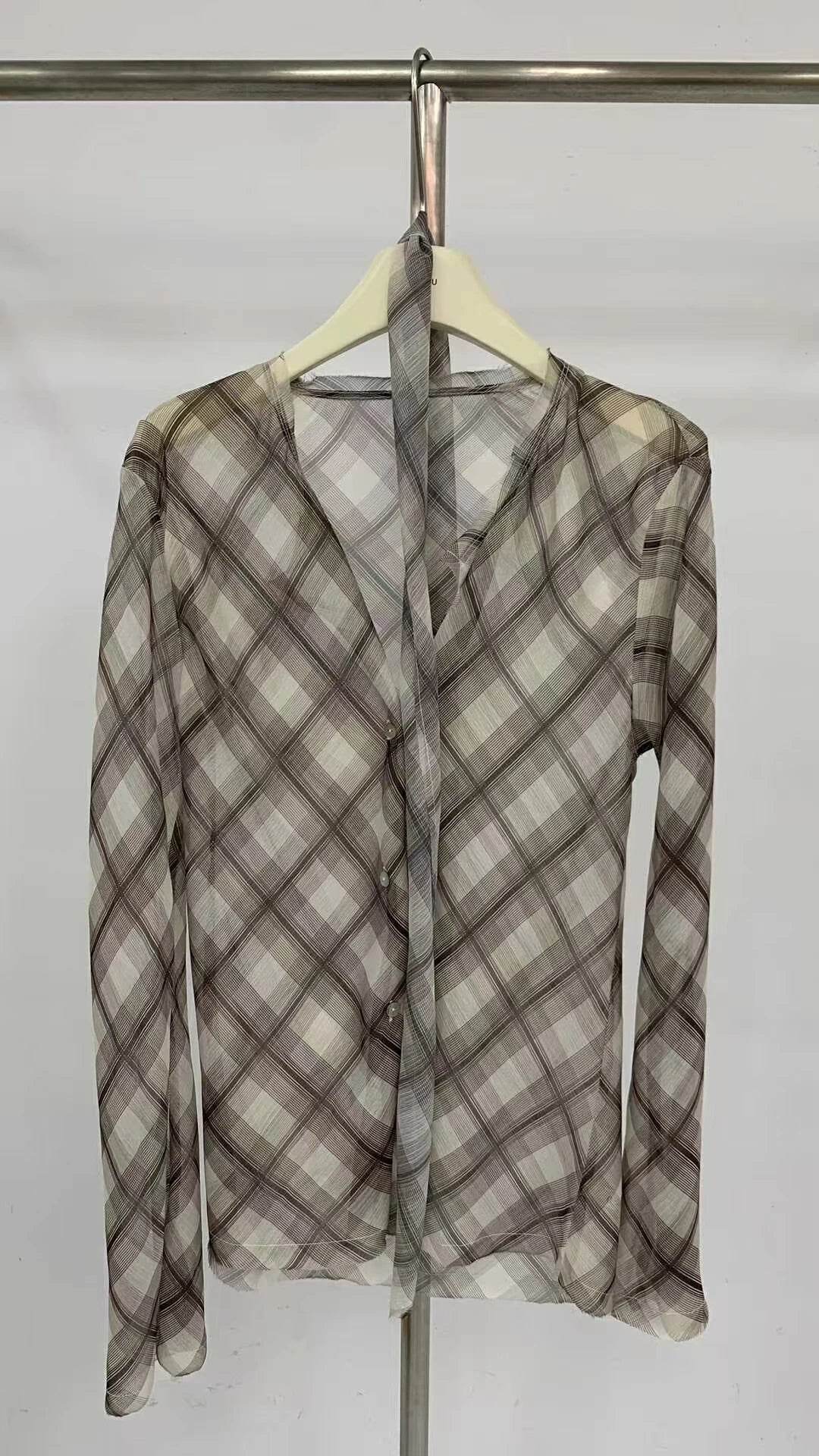 Women’s Check Print Brown Mesh Shirt – Vintage 90s Style Statement - MODISH X
