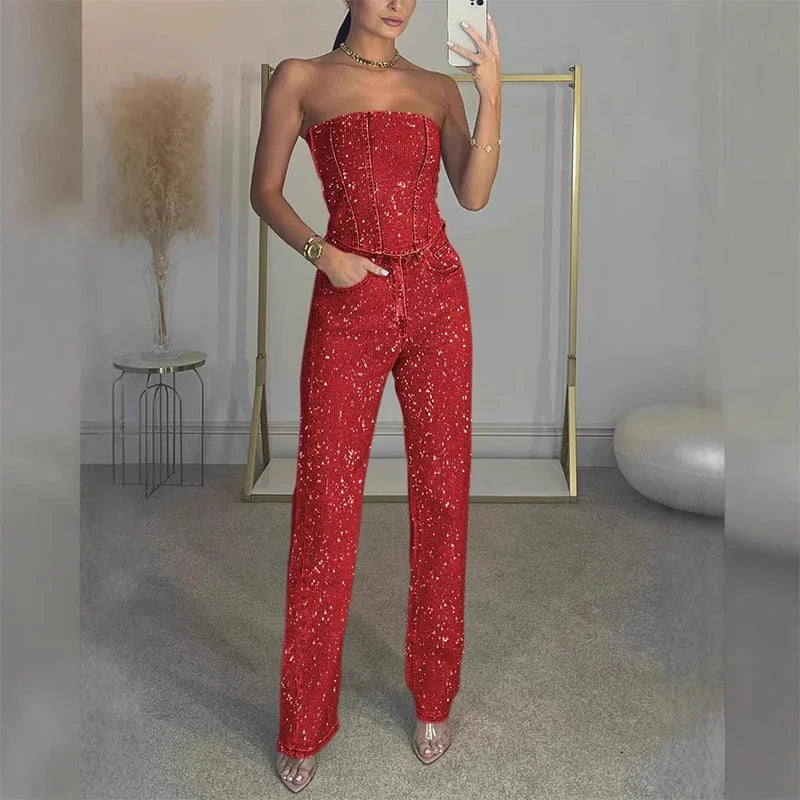 Women’s Shiny Sequined Vest Pants Set 2025 – Sexy Strapless UK Streetwear