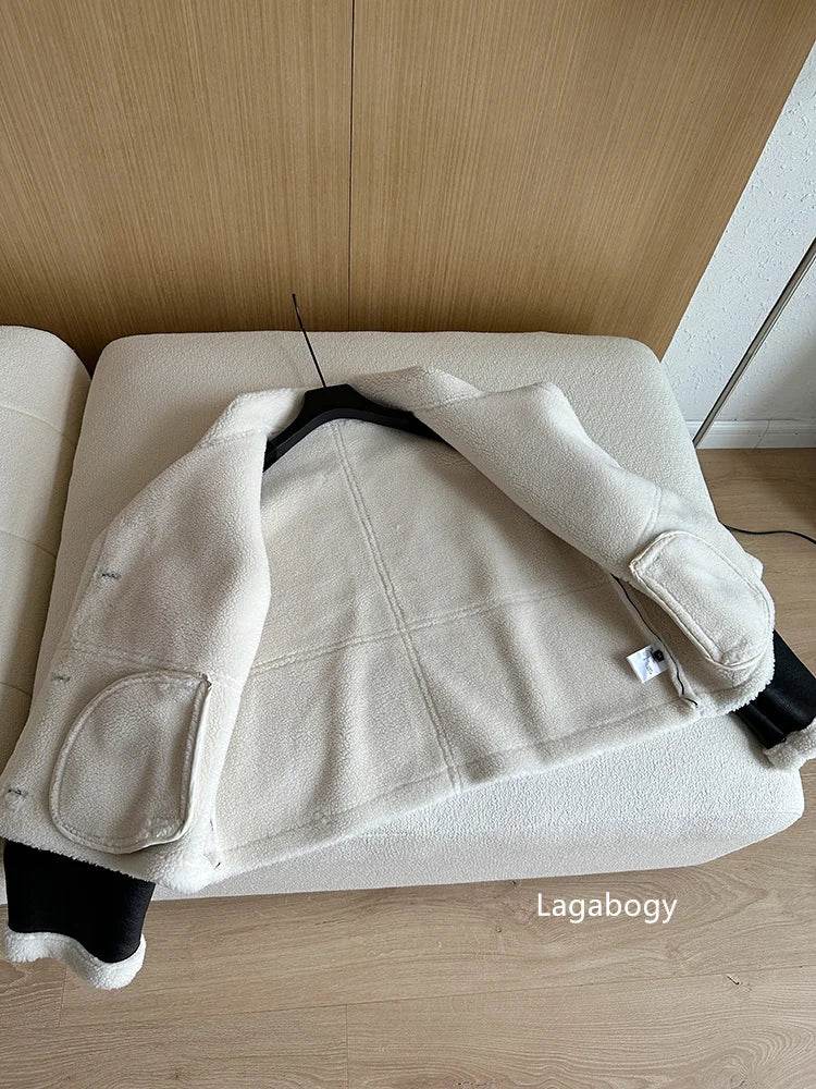 Lagabogy 2024 Winter New Faux Fur Fleece Short Coats Women Simple Stand Collar Lamb Wool Coat Office Lady Solid Color PU Jacket - MODISH X