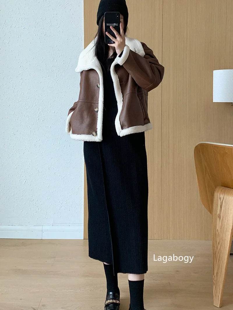 Lagabogy 2024 Winter New Faux Fur Fleece Short Coats Women Simple Stand Collar Lamb Wool Coat Office Lady Solid Color PU Jacket - MODISH X