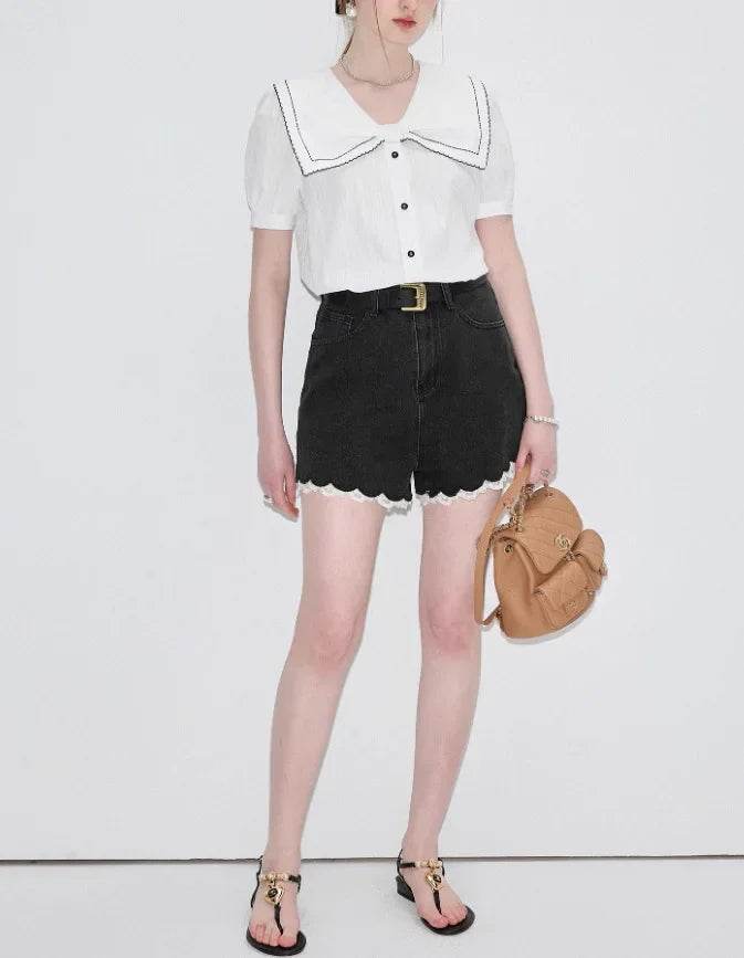 Women’s White Bubble Sleeve Shirt with Butterfly Knot – Chic Style - MODISH X