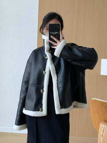 Lagabogy 2024 Winter New Faux Fur Fleece Short Coats Women Simple Stand Collar Lamb Wool Coat Office Lady Solid Color PU Jacket - MODISH X