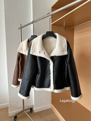 Lagabogy 2024 Winter New Faux Fur Fleece Short Coats Women Simple Stand Collar Lamb Wool Coat Office Lady Solid Color PU Jacket - MODISH X