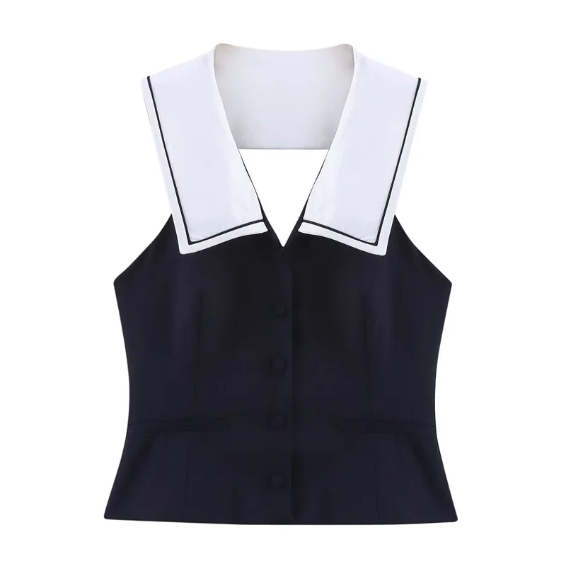 Women’s Sailor Suit Sleeveless Top with Open Back – Summer Chic