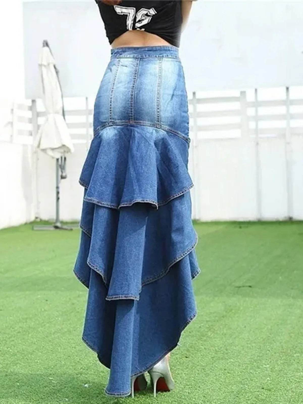 Women’s High-Low Waist Ruffled Denim Skirt – Stylish UK Fashion - MODISH X