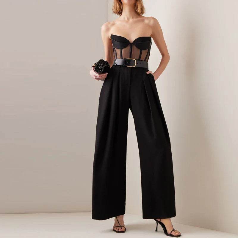 MSMUSI 2024 New Fashion Women Sexy Black Strapless Lace Mesh Sleeveless Backless Bodycon Party Slim Bodysuit Celebrate Vestidos - MODISH X