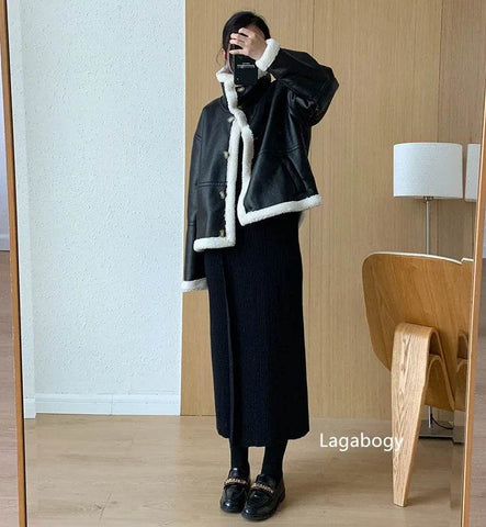 Lagabogy 2024 Winter New Faux Fur Fleece Short Coats Women Simple Stand Collar Lamb Wool Coat Office Lady Solid Color PU Jacket - MODISH X