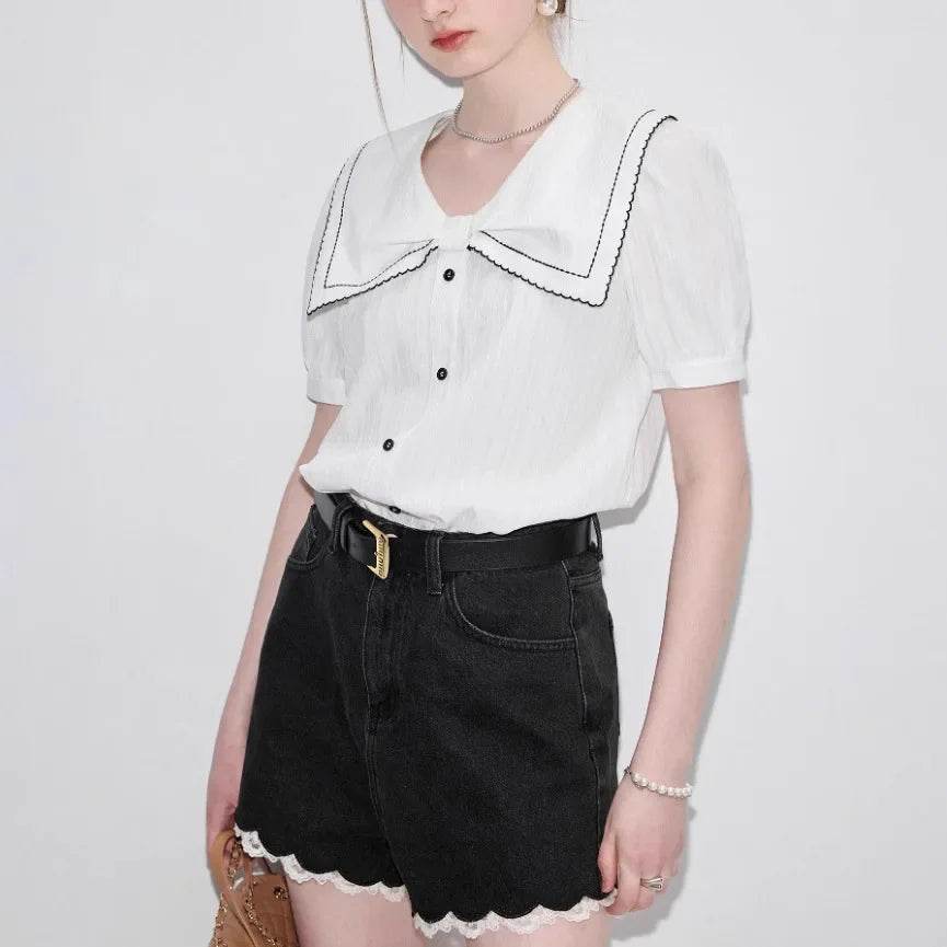 Women’s White Bubble Sleeve Shirt with Butterfly Knot – Chic Style - MODISH X