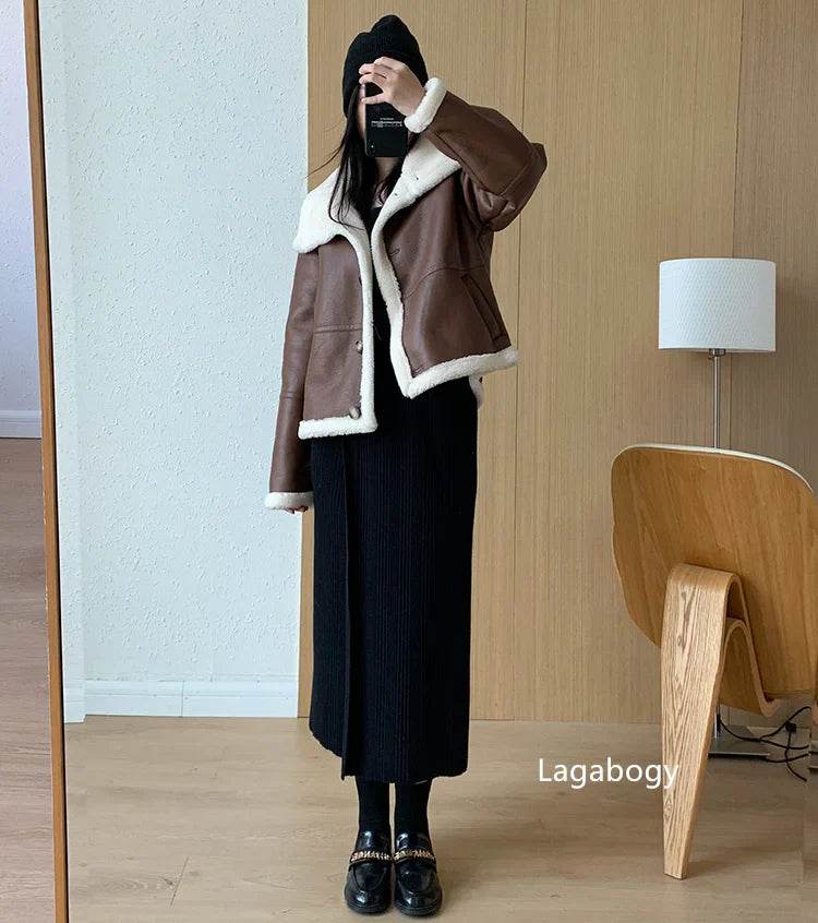 Lagabogy 2024 Winter New Faux Fur Fleece Short Coats Women Simple Stand Collar Lamb Wool Coat Office Lady Solid Color PU Jacket - MODISH X