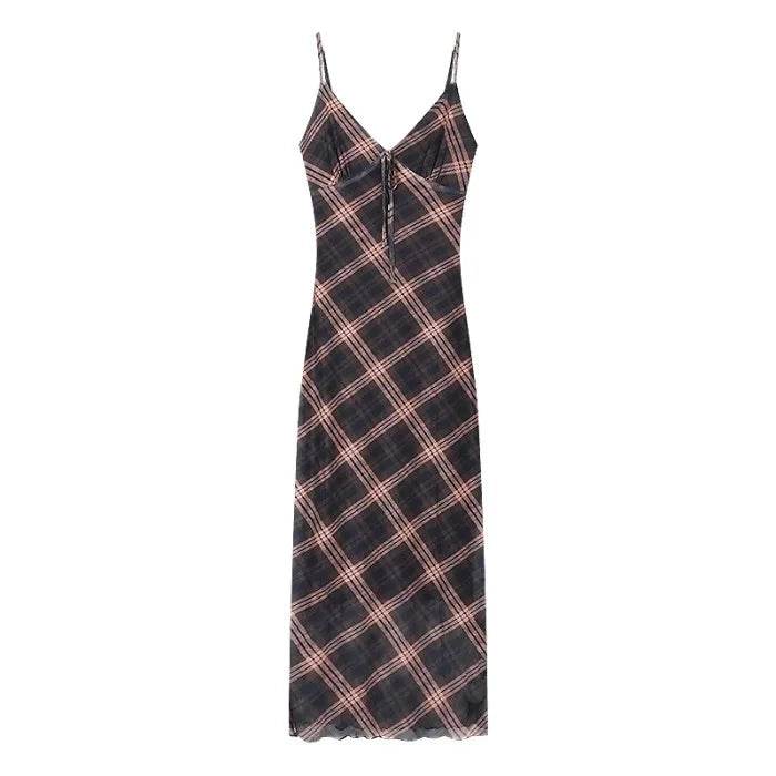 Women’s French Style Grid Strap Dress – Chic Summer Elegance - MODISH X