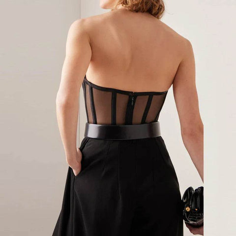 MSMUSI 2024 New Fashion Women Sexy Black Strapless Lace Mesh Sleeveless Backless Bodycon Party Slim Bodysuit Celebrate Vestidos - MODISH X