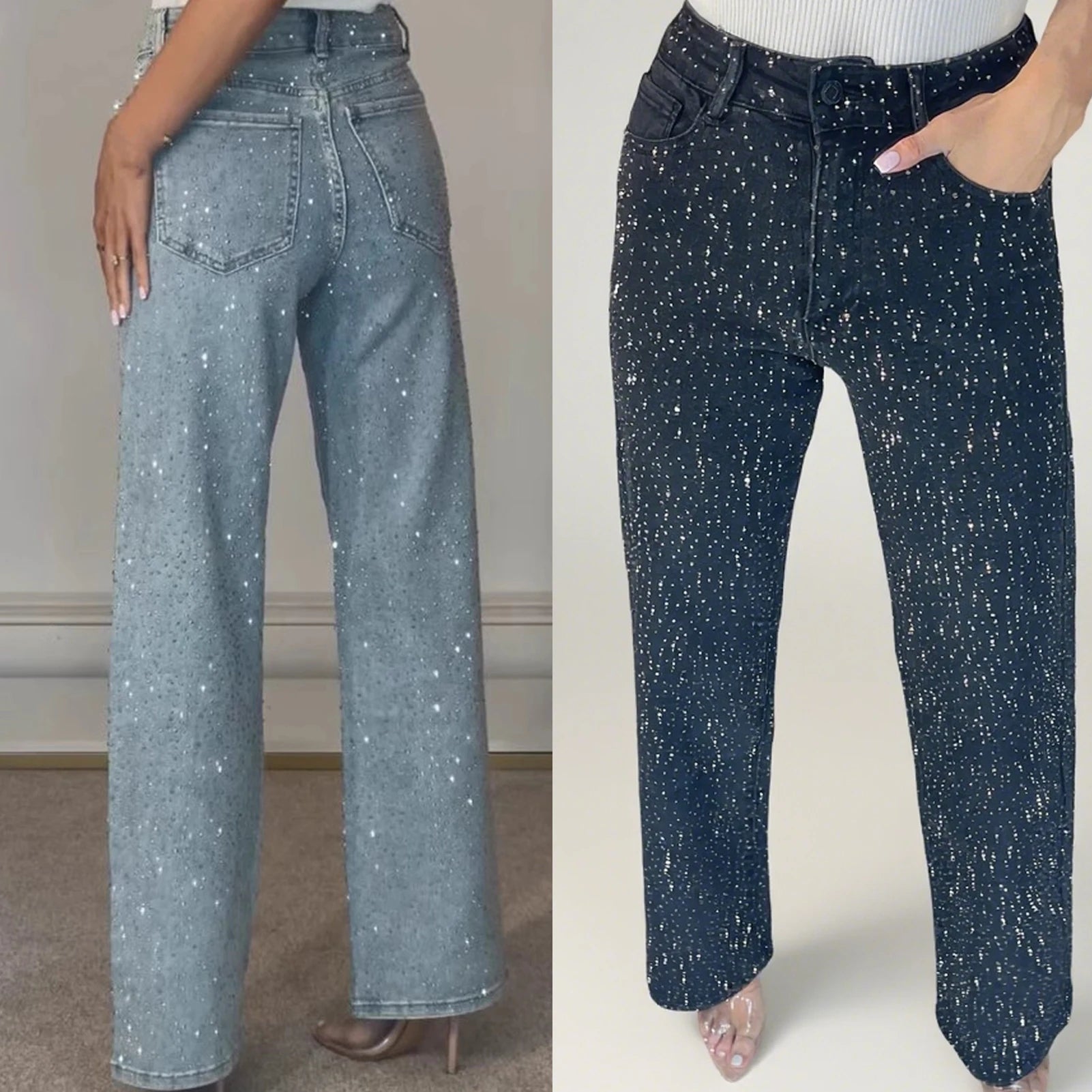 Women’s Full Rhinestone Denim Pants – Glamorous High Waist Street Style