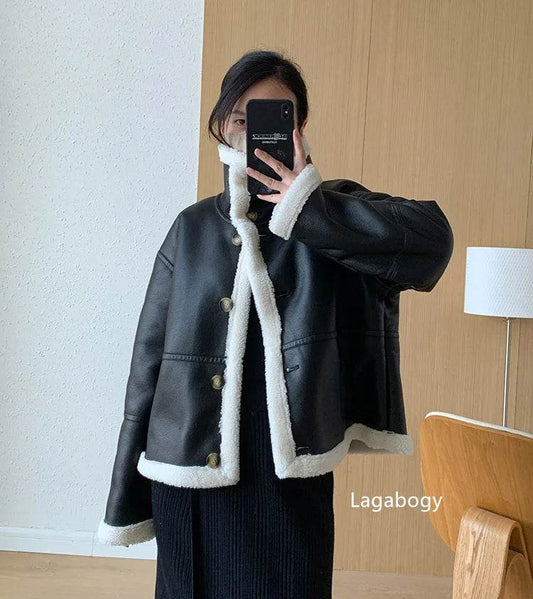Lagabogy 2024 Winter New Faux Fur Fleece Short Coats Women Simple Stand Collar Lamb Wool Coat Office Lady Solid Color PU Jacket - MODISH X