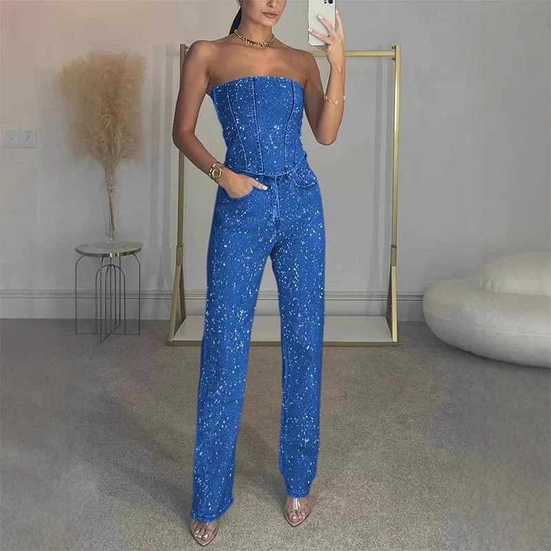 Women’s Shiny Sequined Vest Pants Set 2025 – Sexy Strapless UK Streetwear
