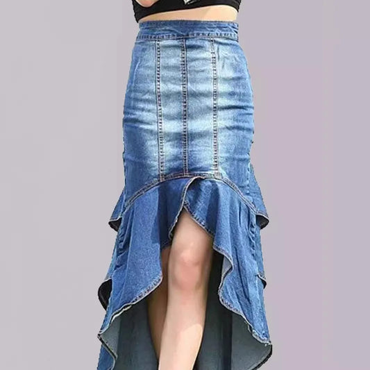 Women’s High-Low Waist Ruffled Denim Skirt – Stylish UK Fashion