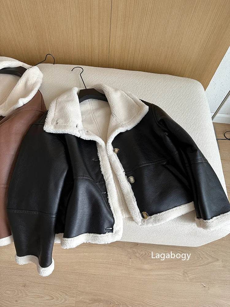 Lagabogy 2024 Winter New Faux Fur Fleece Short Coats Women Simple Stand Collar Lamb Wool Coat Office Lady Solid Color PU Jacket - MODISH X