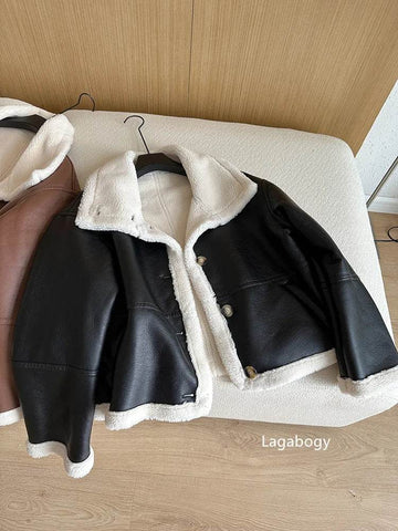 Lagabogy 2024 Winter New Faux Fur Fleece Short Coats Women Simple Stand Collar Lamb Wool Coat Office Lady Solid Color PU Jacket - MODISH X