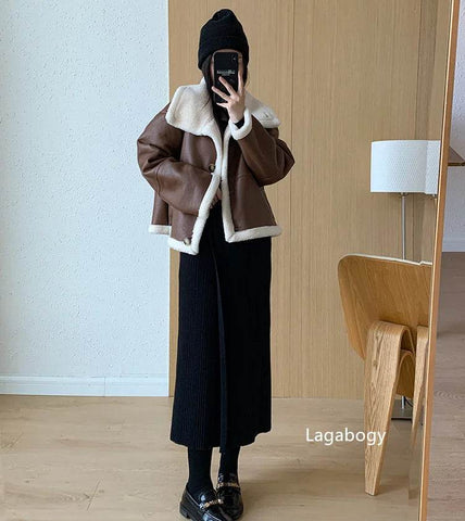 Lagabogy 2024 Winter New Faux Fur Fleece Short Coats Women Simple Stand Collar Lamb Wool Coat Office Lady Solid Color PU Jacket - MODISH X