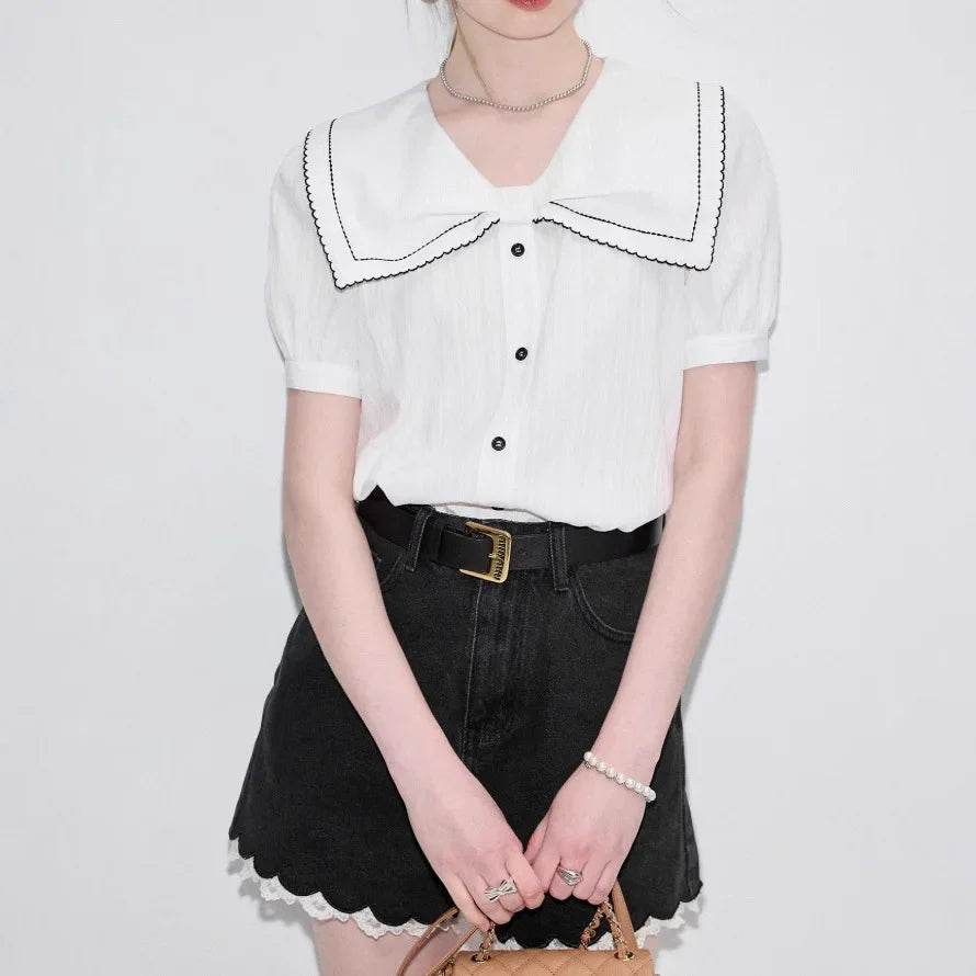 Women’s White Bubble Sleeve Shirt with Butterfly Knot – Chic Style - MODISH X