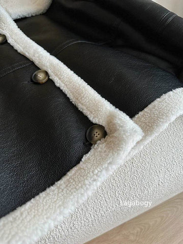 Lagabogy 2024 Winter New Faux Fur Fleece Short Coats Women Simple Stand Collar Lamb Wool Coat Office Lady Solid Color PU Jacket - MODISH X