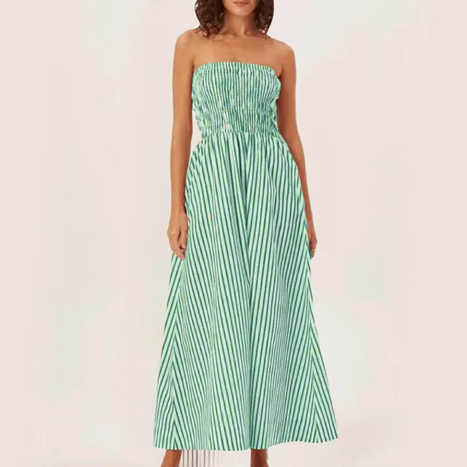 Women’s Striped Maxi Wrap Dress – Sleeveless Smocked Summer Fit - MODISH X